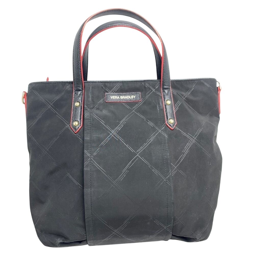 VERA BRADLEY Black Red Trim Handbag Tote Purse Lined Diamond Pattern Large Bag